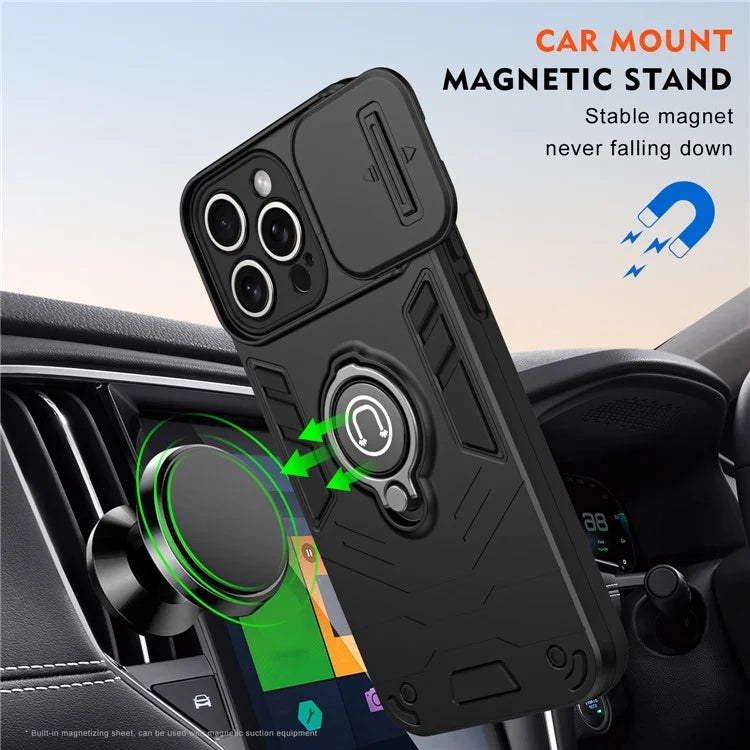 For iPhone 15 Pro Max Case PC+TPU Ring Kickstand Phone Cover with Slide Lens Lid