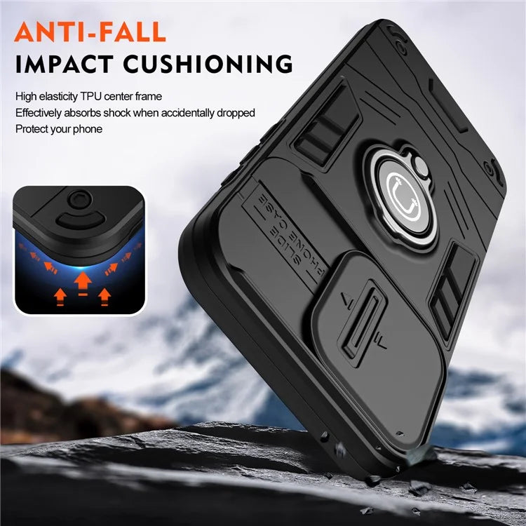 For iPhone 15 Pro Max Case PC+TPU Ring Kickstand Phone Cover with Slide Lens Lid