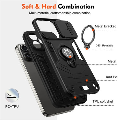 For iPhone 15 Pro Max Case PC+TPU Ring Kickstand Phone Cover with Slide Lens Lid