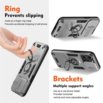 For iPhone 15 Pro Max Case PC+TPU Ring Kickstand Phone Cover with Slide Lens Lid