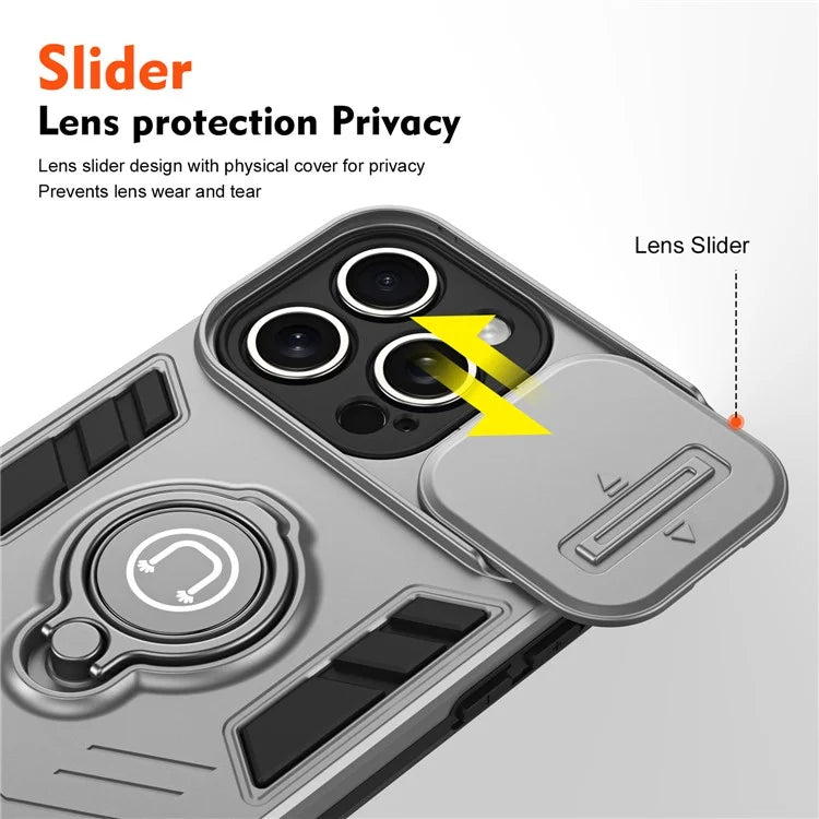 For iPhone 15 Pro Max Case PC+TPU Ring Kickstand Phone Cover with Slide Lens Lid