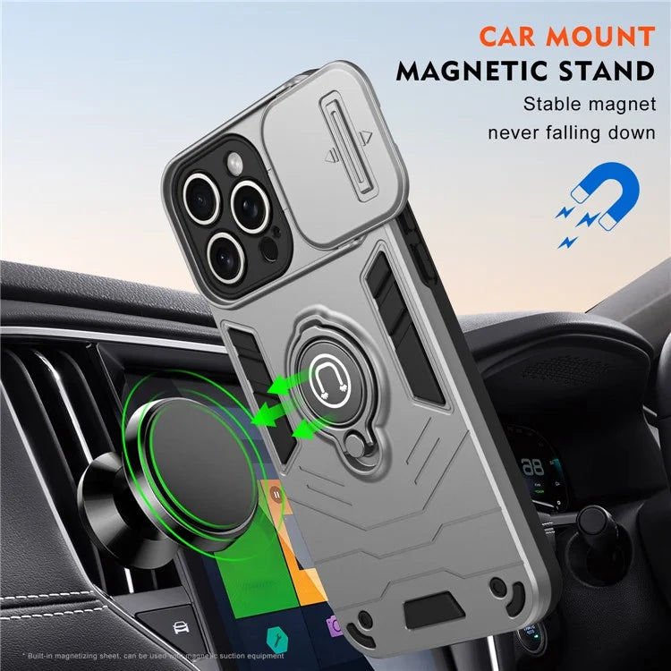 For iPhone 15 Pro Max Case PC+TPU Ring Kickstand Phone Cover with Slide Lens Lid
