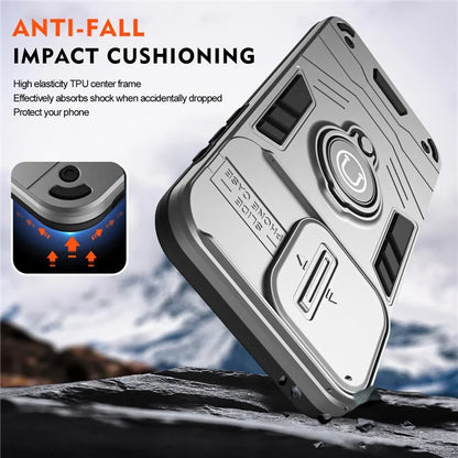 For iPhone 15 Pro Max Case PC+TPU Ring Kickstand Phone Cover with Slide Lens Lid