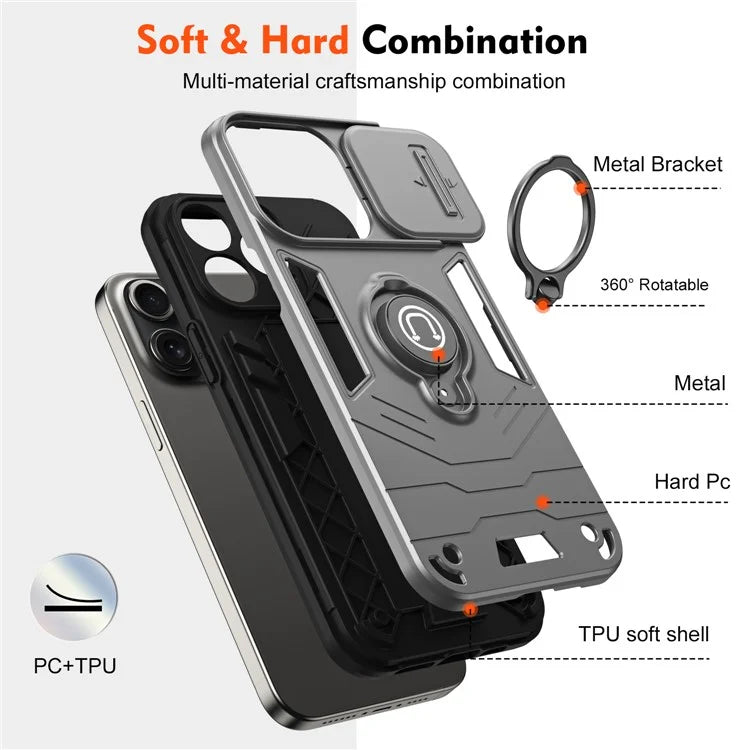 For iPhone 15 Pro Max Case PC+TPU Ring Kickstand Phone Cover with Slide Lens Lid