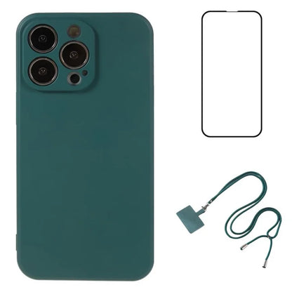WANLONFENG RB1 Series For iPhone 14 Pro Slim Case Soft TPU Phone Case with Screen Film, Lanyard