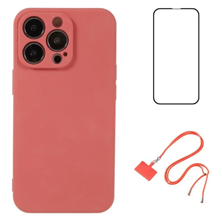 WANLONFENG RB1 Series For iPhone 14 Pro Slim Case Soft TPU Phone Case with Screen Film, Lanyard