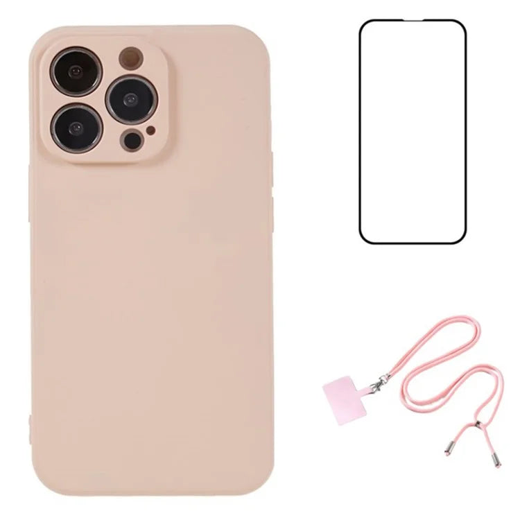 WANLONFENG RB1 Series For iPhone 14 Pro Slim Case Soft TPU Phone Case with Screen Film, Lanyard