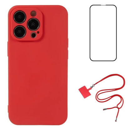 WANLONFENG RB1 Series For iPhone 14 Pro Slim Case Soft TPU Phone Case with Screen Film, Lanyard