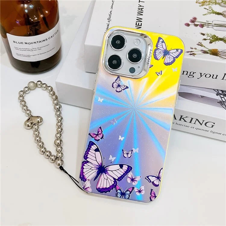 For iPhone 15 Pro Max Electroplating Phone Case Laser Butterfly Pattern PC+TPU Cover with Bead Strap