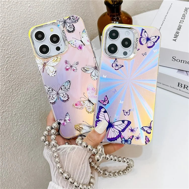 For iPhone 15 Pro Max Electroplating Phone Case Laser Butterfly Pattern PC+TPU Cover with Bead Strap