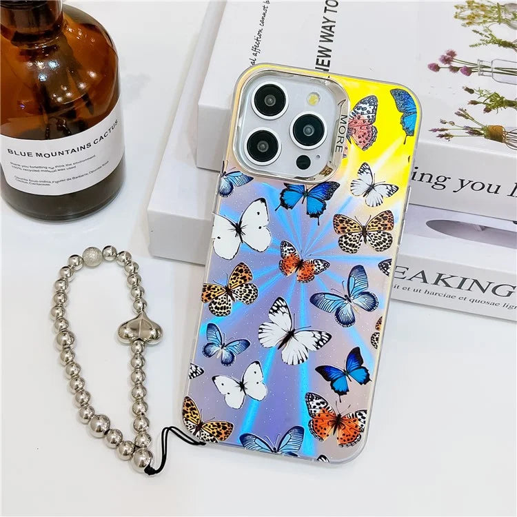 For iPhone 15 Pro Max Electroplating Phone Case Laser Butterfly Pattern PC+TPU Cover with Bead Strap
