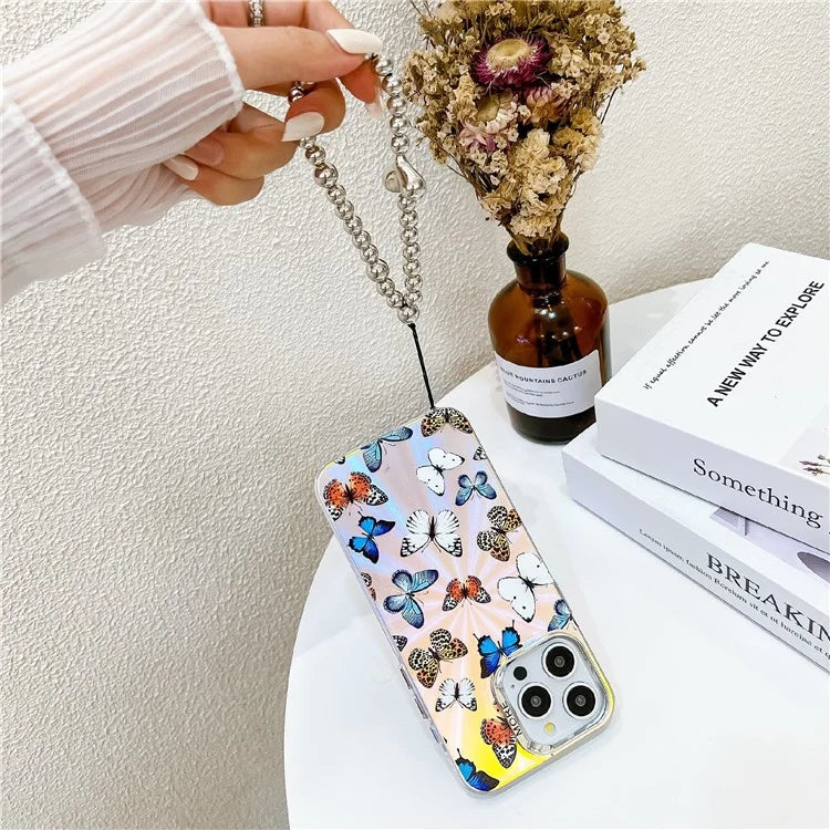 For iPhone 15 Pro Max Electroplating Phone Case Laser Butterfly Pattern PC+TPU Cover with Bead Strap