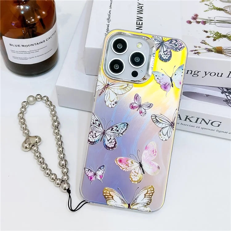 For iPhone 15 Pro Max Electroplating Phone Case Laser Butterfly Pattern PC+TPU Cover with Bead Strap
