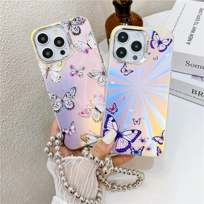 For iPhone 15 Pro Max Electroplating Phone Case Laser Butterfly Pattern PC+TPU Cover with Bead Strap