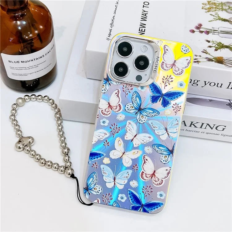 For iPhone 15 Pro Max Electroplating Phone Case Laser Butterfly Pattern PC+TPU Cover with Bead Strap