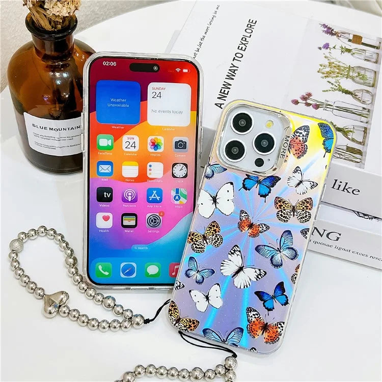 For iPhone 15 Pro Max Electroplating Phone Case Laser Butterfly Pattern PC+TPU Cover with Bead Strap