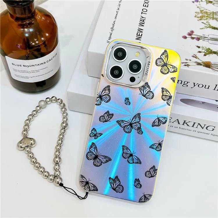 For iPhone 15 Pro Max Electroplating Phone Case Laser Butterfly Pattern PC+TPU Cover with Bead Strap