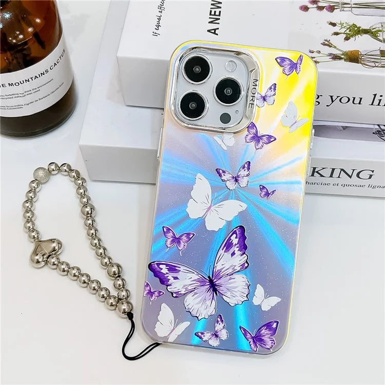 For iPhone 15 Pro Max Electroplating Phone Case Laser Butterfly Pattern PC+TPU Cover with Bead Strap