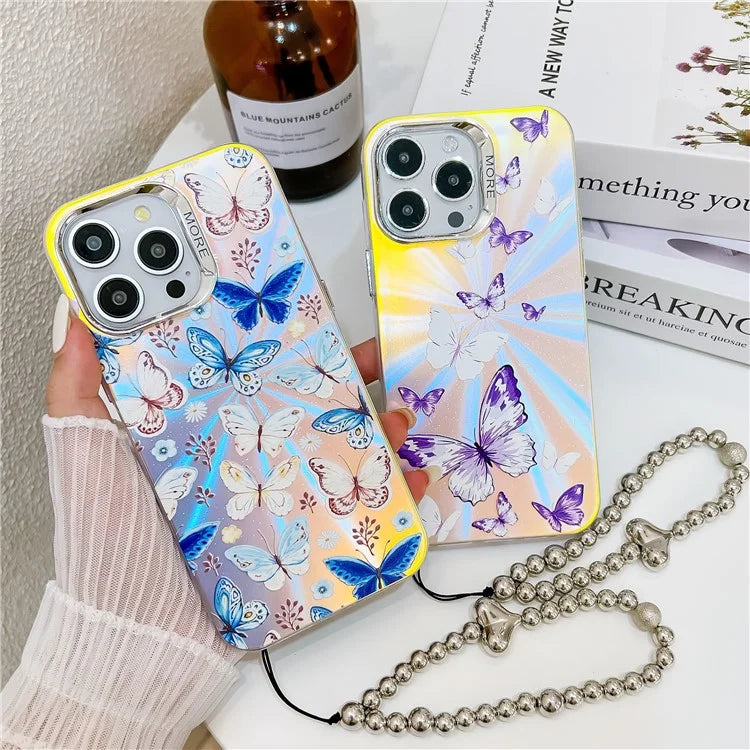 For iPhone 15 Pro Max Electroplating Phone Case Laser Butterfly Pattern PC+TPU Cover with Bead Strap