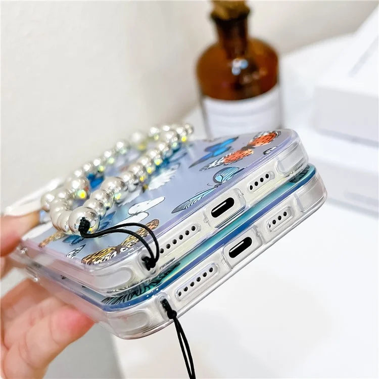 For iPhone 15 Pro Max Electroplating Phone Case Laser Butterfly Pattern PC+TPU Cover with Bead Strap