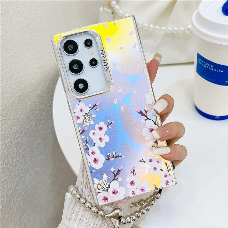 For Samsung Galaxy S24 Ultra Case TPU+PC Flower Pattern Laser Texture Phone Cover with Beaded Bracelet8