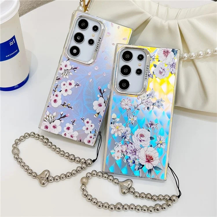 For Samsung Galaxy S24 Ultra Case TPU+PC Flower Pattern Laser Texture Phone Cover with Beaded Bracelet8