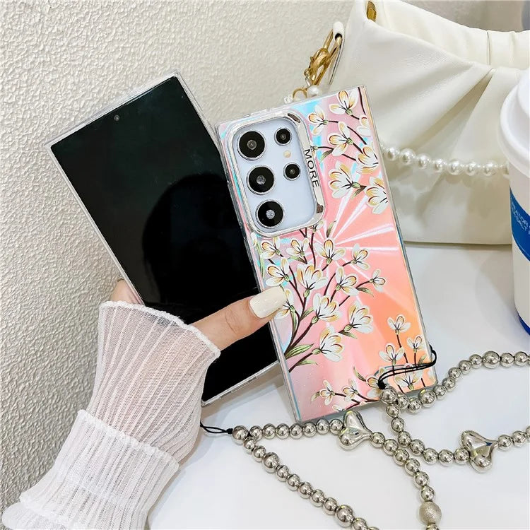 For Samsung Galaxy S24 Ultra Case TPU+PC Flower Pattern Laser Texture Phone Cover with Beaded Bracelet8