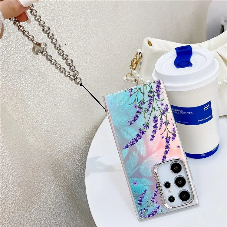 For Samsung Galaxy S24 Ultra Case TPU+PC Flower Pattern Laser Texture Phone Cover with Beaded Bracelet8