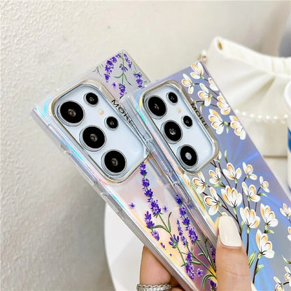 For Samsung Galaxy S24 Ultra Case TPU+PC Flower Pattern Laser Texture Phone Cover with Beaded Bracelet8