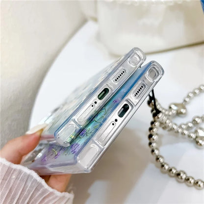 For Samsung Galaxy S24 Ultra Case TPU+PC Flower Pattern Laser Texture Phone Cover with Beaded Bracelet8