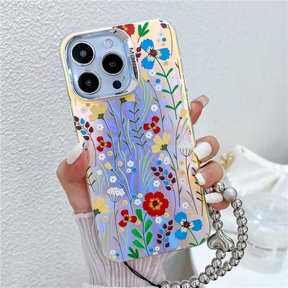 For iPhone 15 Pro Max Case Flower Pattern Laser Texture TPU+PC Phone Cover with Beaded Bracelet