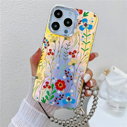 For iPhone 15 Pro Max Case Flower Pattern Laser Texture TPU+PC Phone Cover with Beaded Bracelet