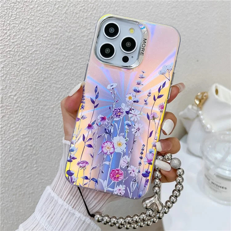 For iPhone 15 Pro Max Case Flower Pattern Laser Texture TPU+PC Phone Cover with Beaded Bracelet