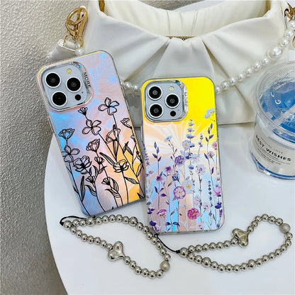 For iPhone 15 Pro Max Case Flower Pattern Laser Texture TPU+PC Phone Cover with Beaded Bracelet