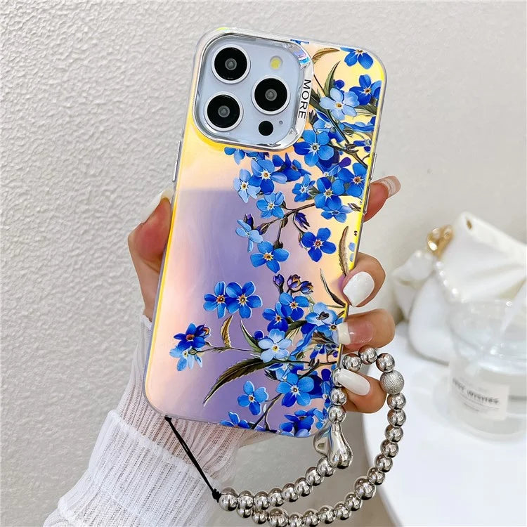 For iPhone 15 Pro Max Case Flower Pattern Laser Texture TPU+PC Phone Cover with Beaded Bracelet