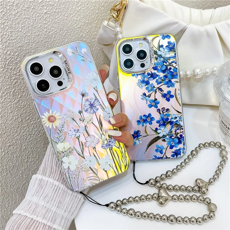 For iPhone 15 Pro Max Case Flower Pattern Laser Texture TPU+PC Phone Cover with Beaded Bracelet