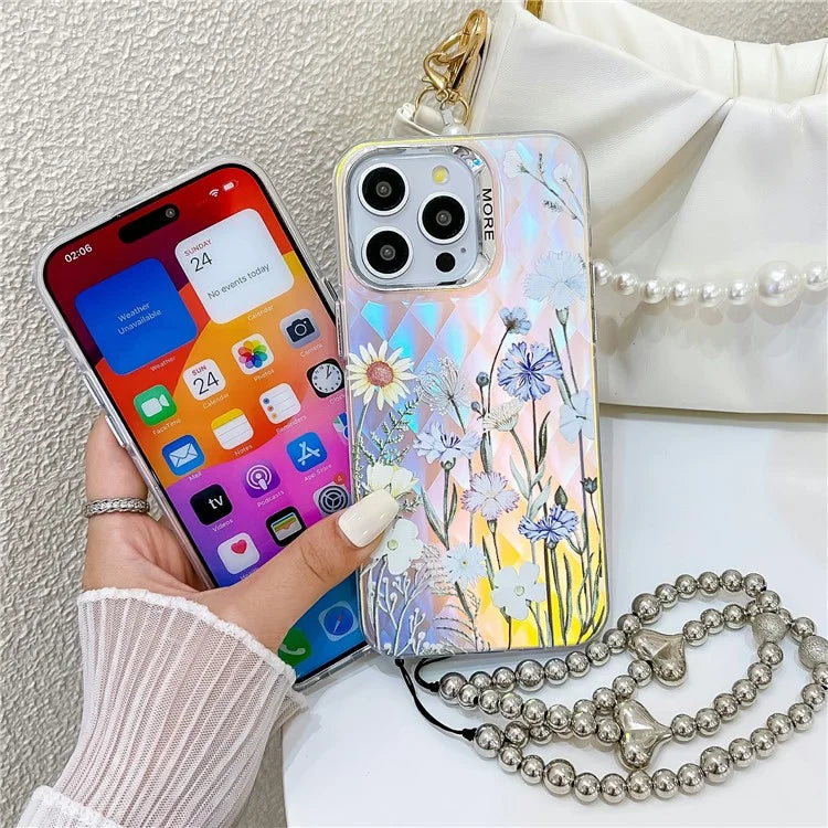 For iPhone 15 Pro Max Case Flower Pattern Laser Texture TPU+PC Phone Cover with Beaded Bracelet