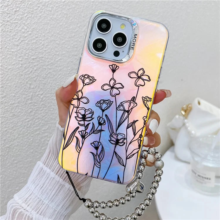 For iPhone 15 Pro Max Case Flower Pattern Laser Texture TPU+PC Phone Cover with Beaded Bracelet