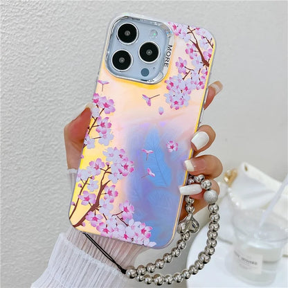 For iPhone 15 Pro Max Case Flower Pattern Laser Texture TPU+PC Phone Cover with Beaded Bracelet