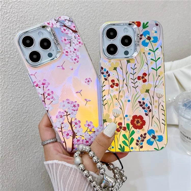 For iPhone 15 Pro Max Case Flower Pattern Laser Texture TPU+PC Phone Cover with Beaded Bracelet