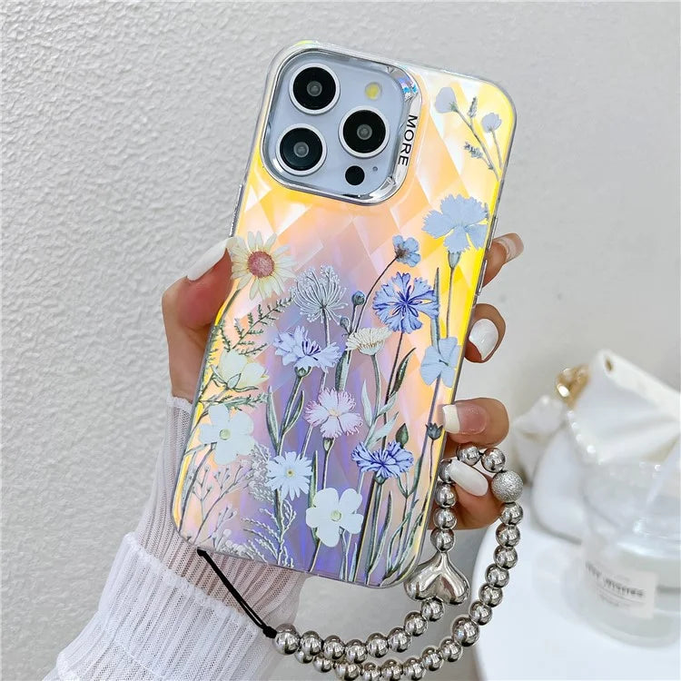 For iPhone 15 Pro Max Case Flower Pattern Laser Texture TPU+PC Phone Cover with Beaded Bracelet