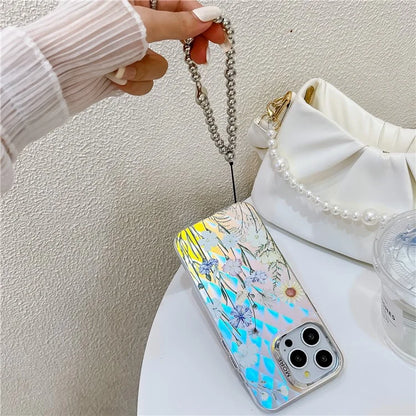 For iPhone 15 Pro Max Case Flower Pattern Laser Texture TPU+PC Phone Cover with Beaded Bracelet