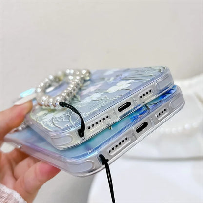 For iPhone 15 Pro Max Case Flower Pattern Laser Texture TPU+PC Phone Cover with Beaded Bracelet