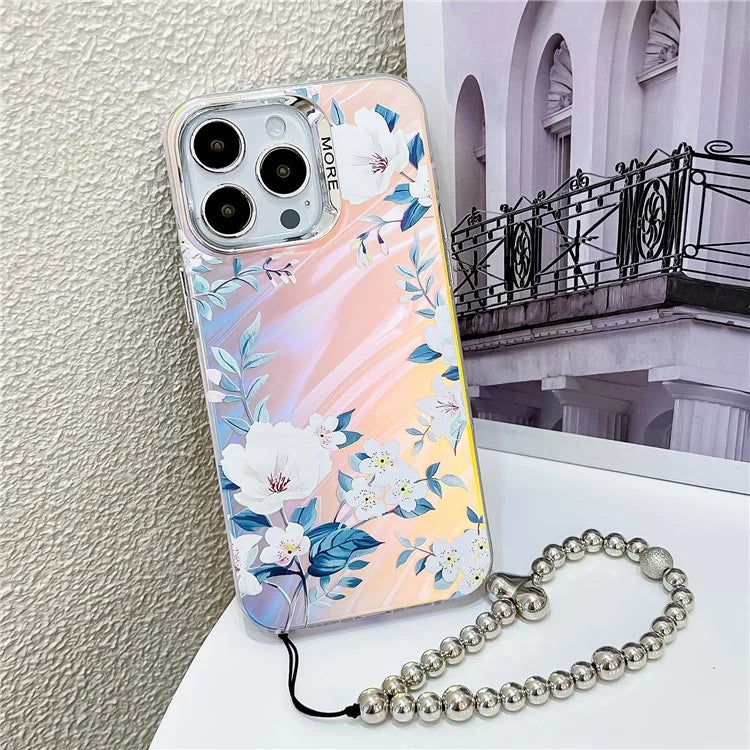 For iPhone 15 Pro Max Case Flower Pattern Laser Texture TPU+PC Phone Cover with Beaded Bracelet0