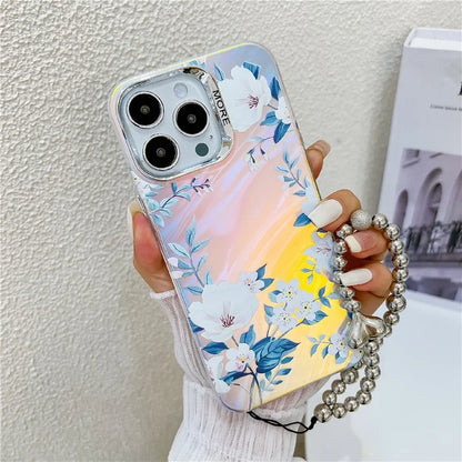 For iPhone 15 Pro Max Case Flower Pattern Laser Texture TPU+PC Phone Cover with Beaded Bracelet0