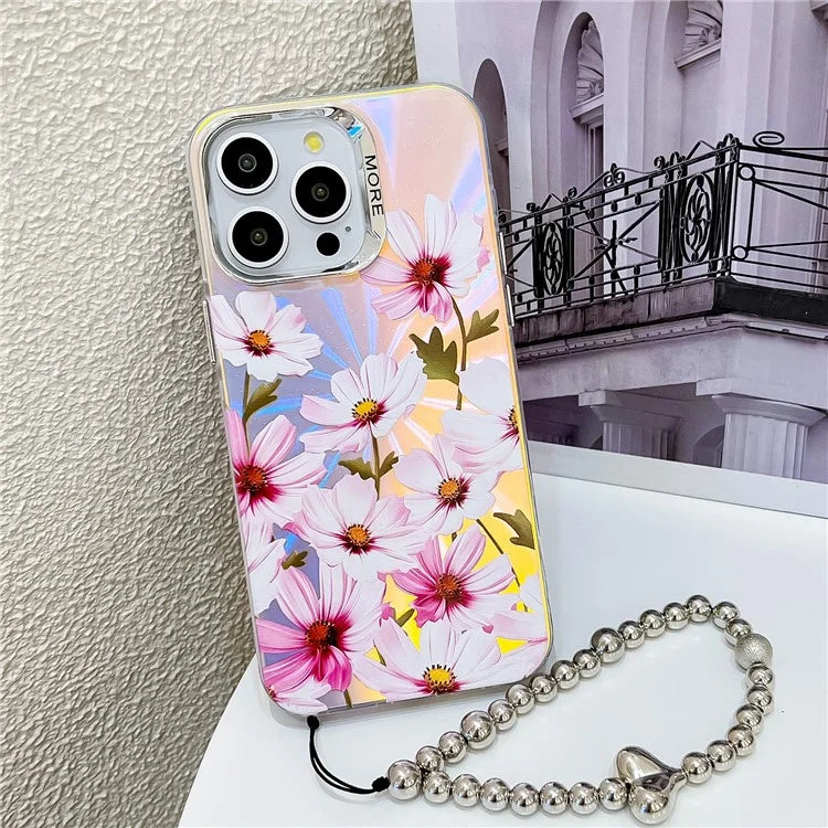 For iPhone 15 Pro Max Case Flower Pattern Laser Texture TPU+PC Phone Cover with Beaded Bracelet