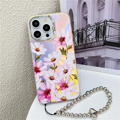 For iPhone 15 Pro Max Case Flower Pattern Laser Texture TPU+PC Phone Cover with Beaded Bracelet
