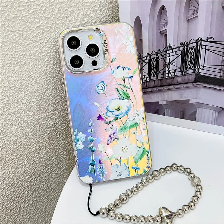 For iPhone 15 Pro Max Case Flower Pattern Laser Texture TPU+PC Phone Cover with Beaded Bracelet
