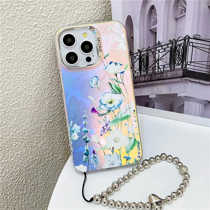 For iPhone 15 Pro Max Case Flower Pattern Laser Texture TPU+PC Phone Cover with Beaded Bracelet