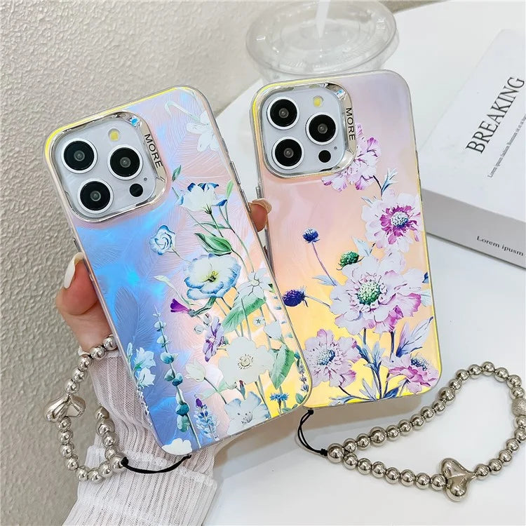 For iPhone 15 Pro Max Case Flower Pattern Laser Texture TPU+PC Phone Cover with Beaded Bracelet